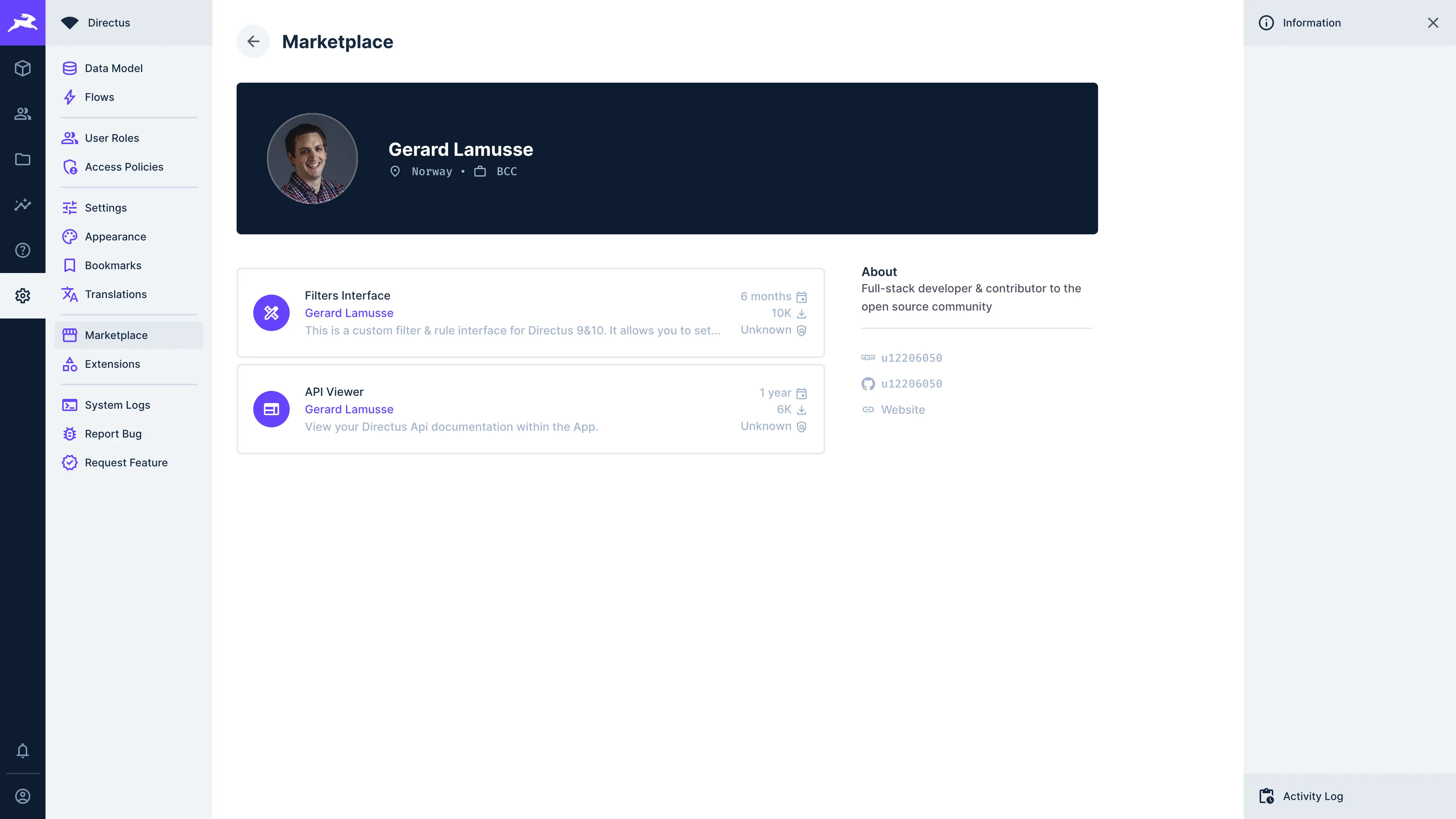 A page shows an individual author's extensions, along with their name, location, workplace, bio, and links to their NPM, GitHub, and website.