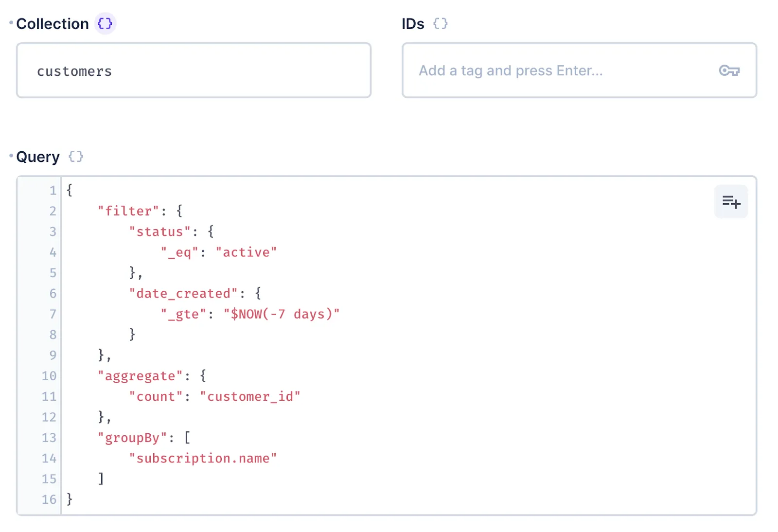 A query on the customers collections showing a filter of active users in the last 7 days, aggregated by customer ID and grouped by subscription name.