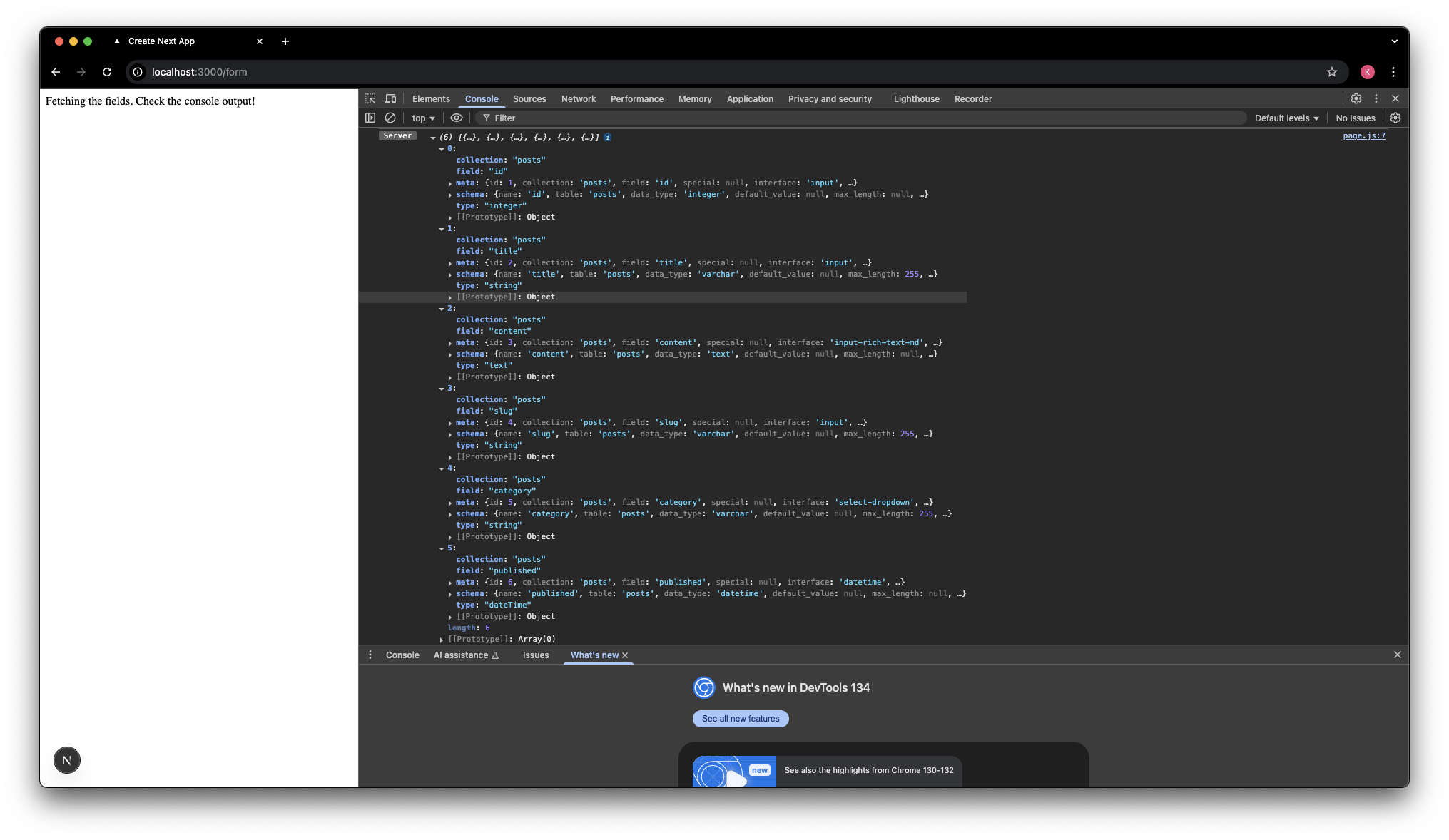Printing the available fields to the console