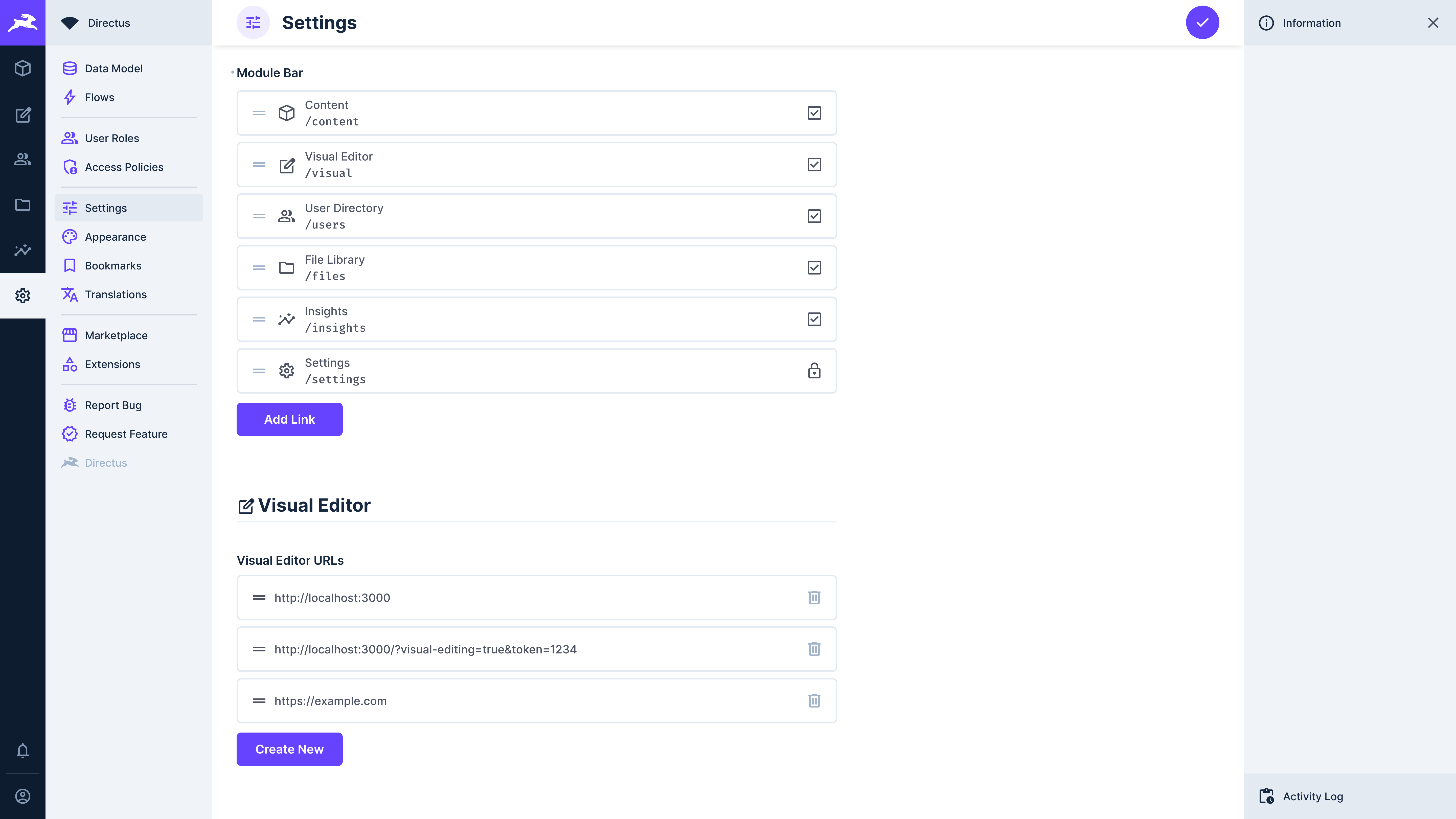 An image of the visual editor section of the Directus settings page with one URL entered